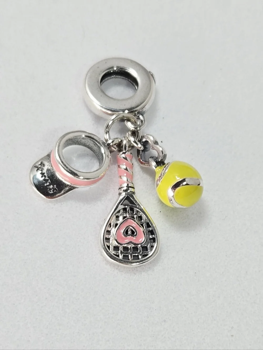 Tennis Girl Era Charm Pendant Silver Racket Ball Visor Pink Yellow Enamel Sporty